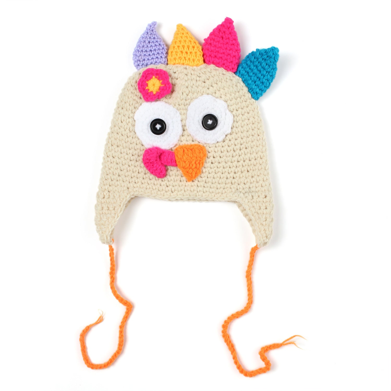 Thanksgiving hand-woven turkey hat with colorful knitted details and earflaps.