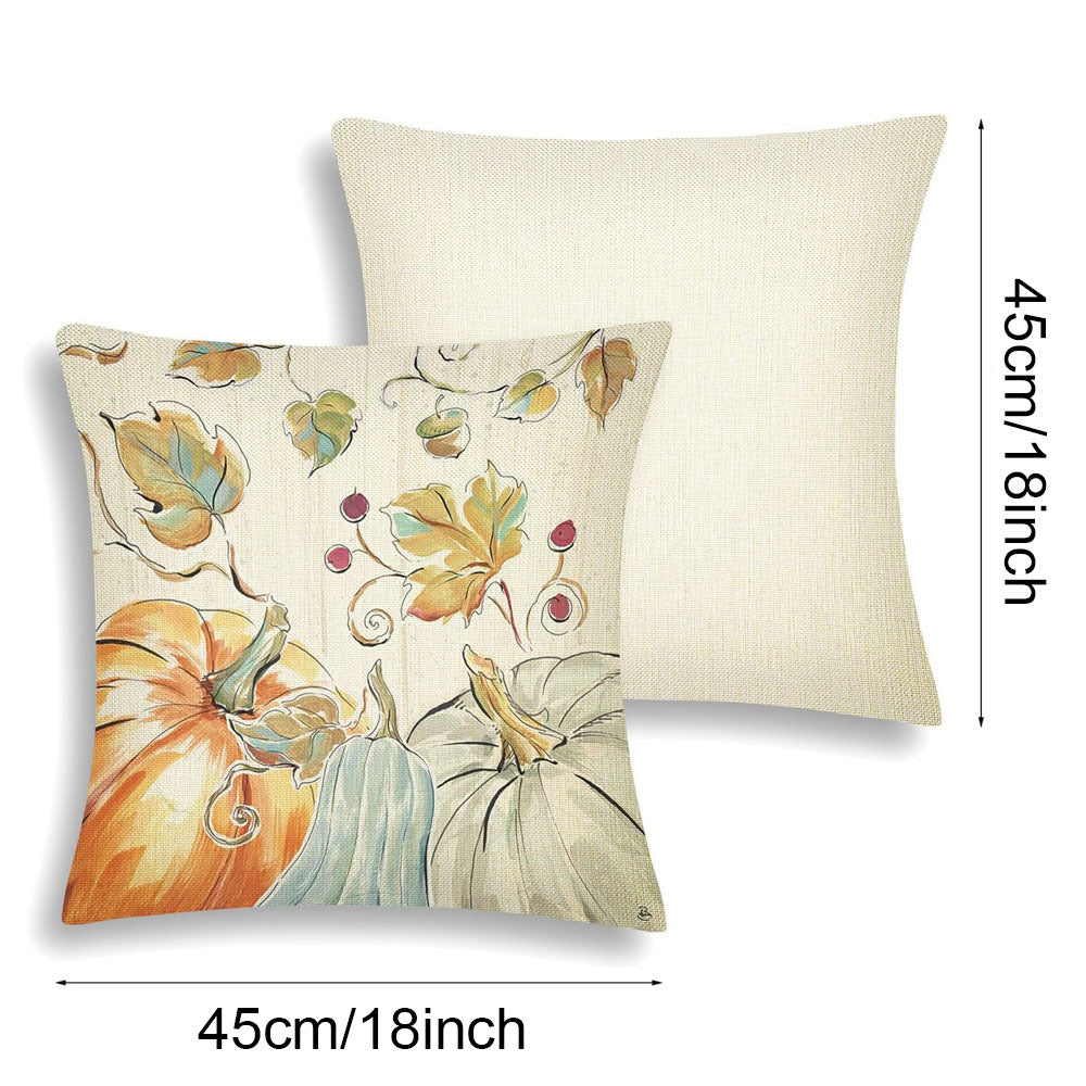 4PCS Thanksgiving Pillow Covers in watercolor design with pumpkins and leaves, 45cm/18inch size.