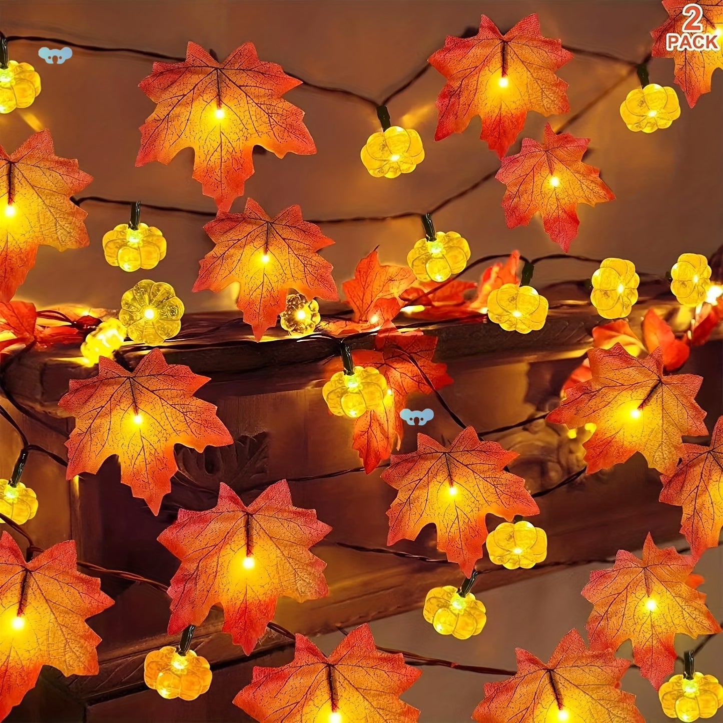 2 Family Autumn Decoration Thanksgiving Lights featuring warm lights and colorful fall leaves.
