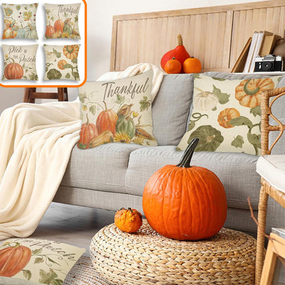 Cozy living room with 4PCS Thanksgiving Pillow Covers featuring pumpkins and autumn themes.