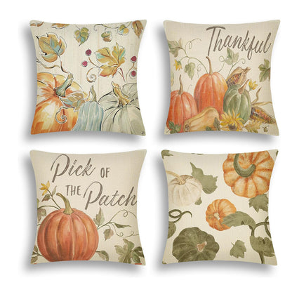 4PCS Thanksgiving Pillow Covers featuring watercolor designs of pumpkins and autumn themes.