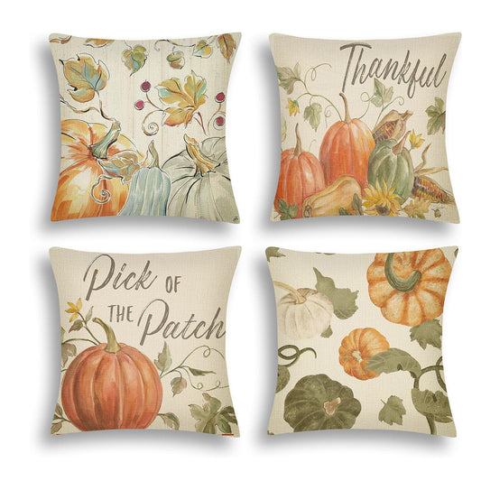 4PCS Thanksgiving Pillow Covers featuring watercolor designs of pumpkins and autumn themes.
