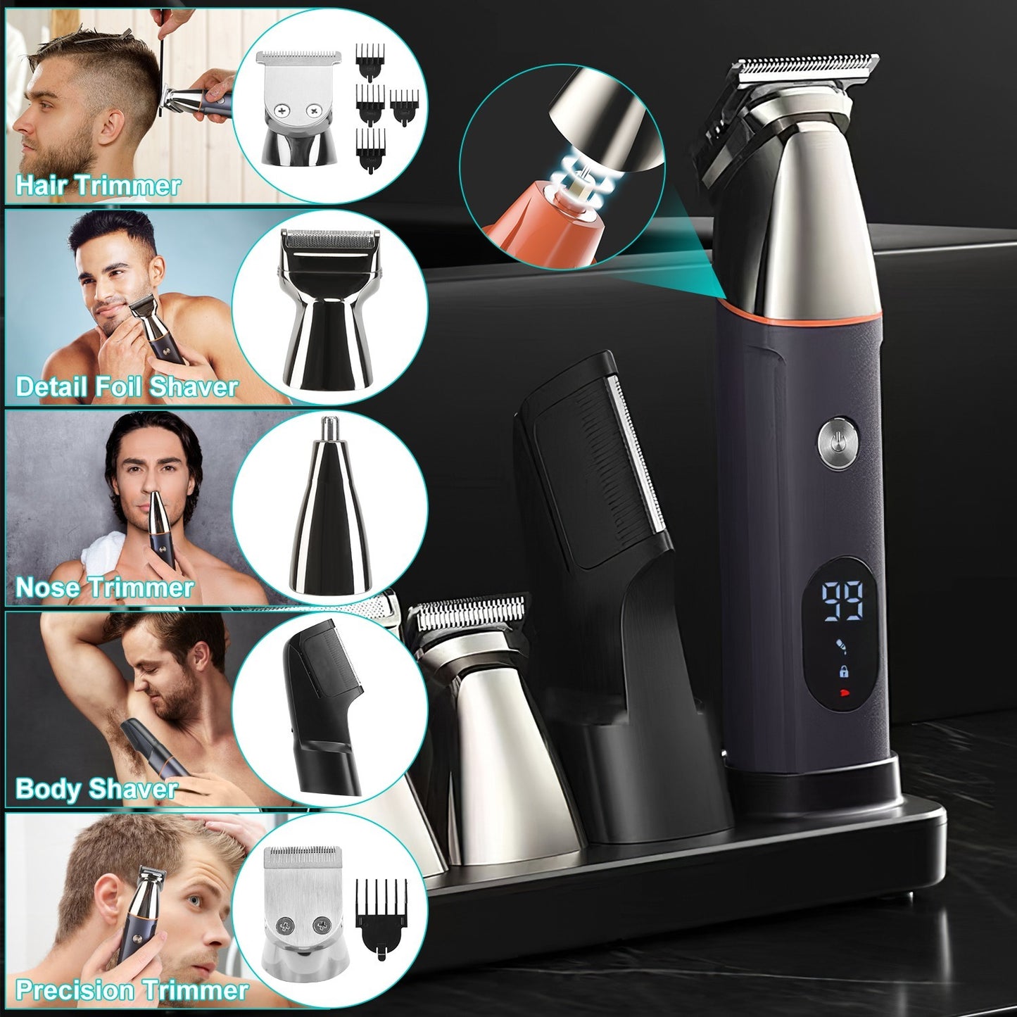 All-in-One Waterproof Beard Trimmer with 5 Heads